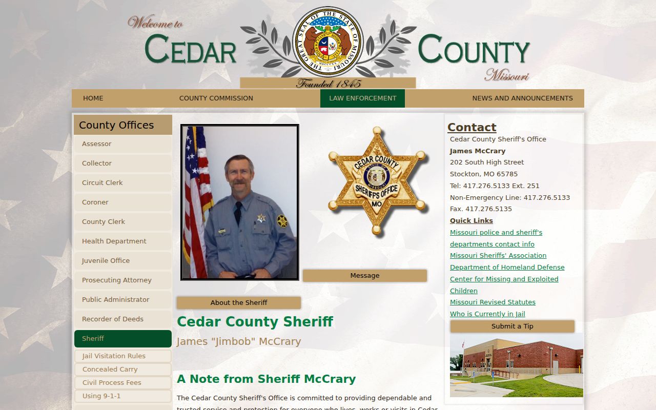 Official Cedar County Sheriff office page with jail and contact links