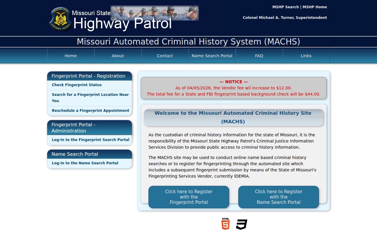 Missouri MACHS official criminal history portal entry page