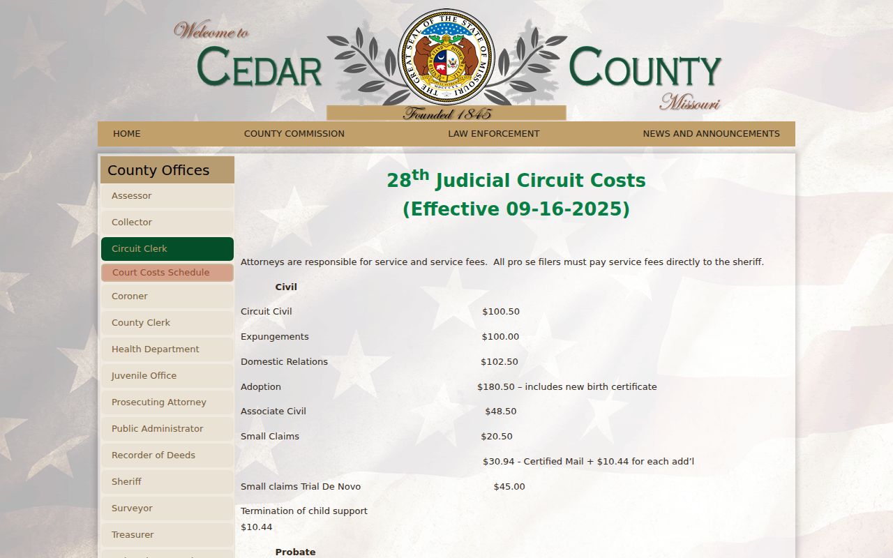 Cedar County court case lookup view of the 28th Judicial Circuit cost schedule