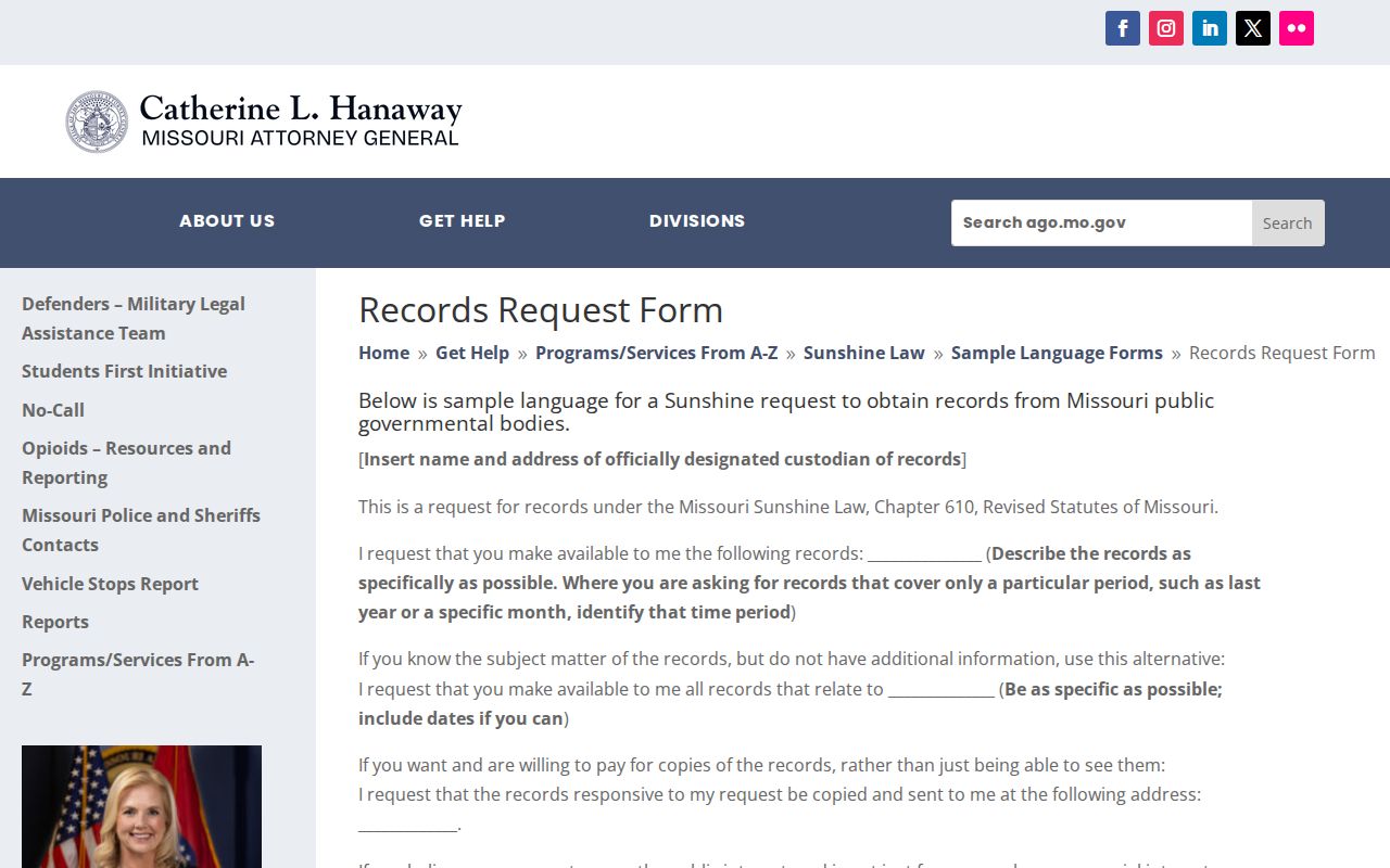 Cedar County arrest record request using Missouri official Sunshine Law sample language
