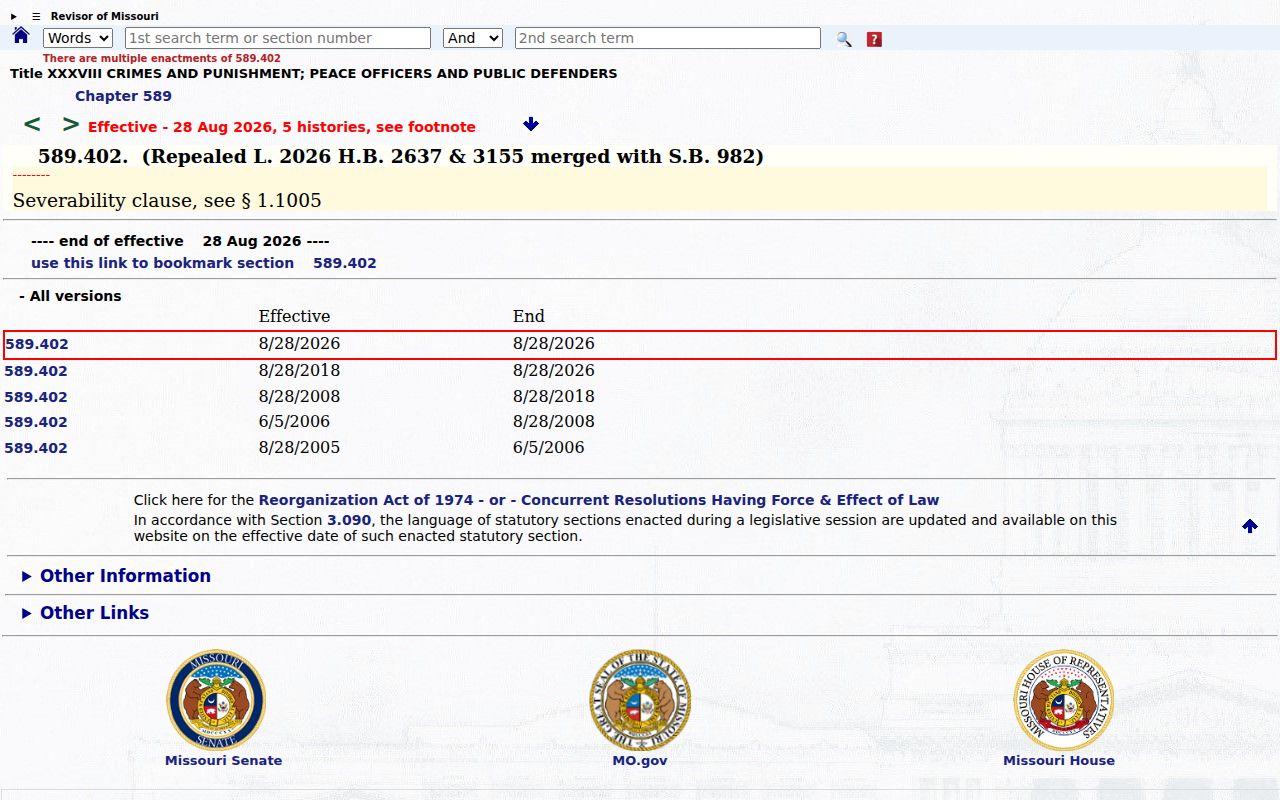 Missouri public registry fields for Cedar County offender searches