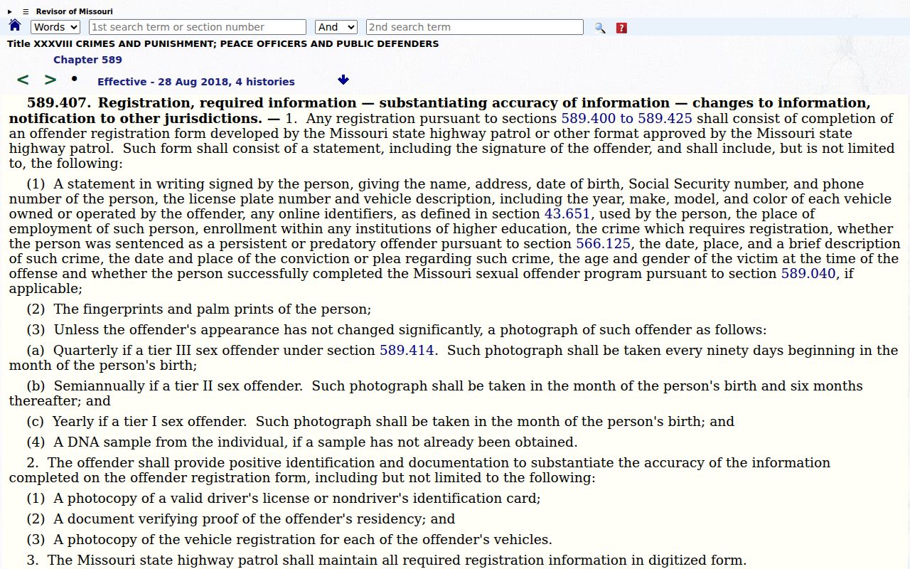 Missouri verification requirements used in Cedar County offender registration