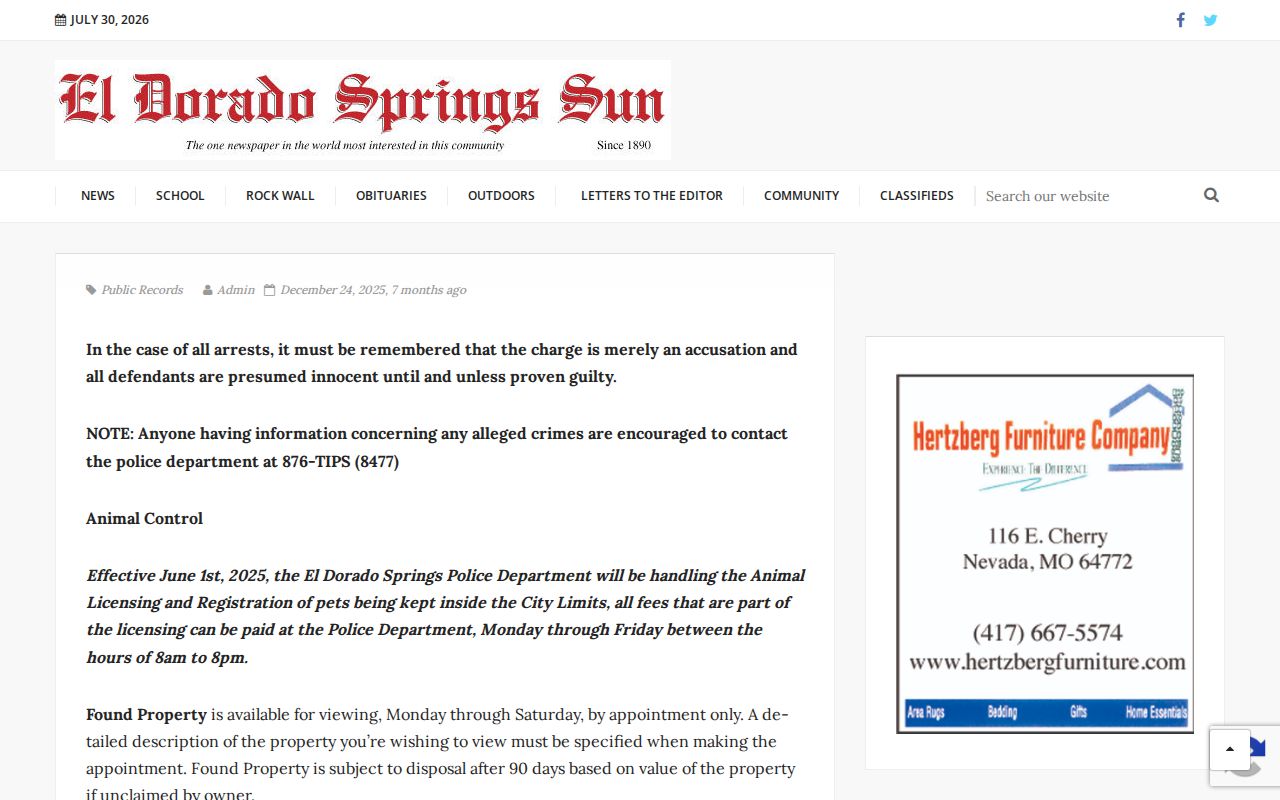 El Dorado Springs police service and local record notice